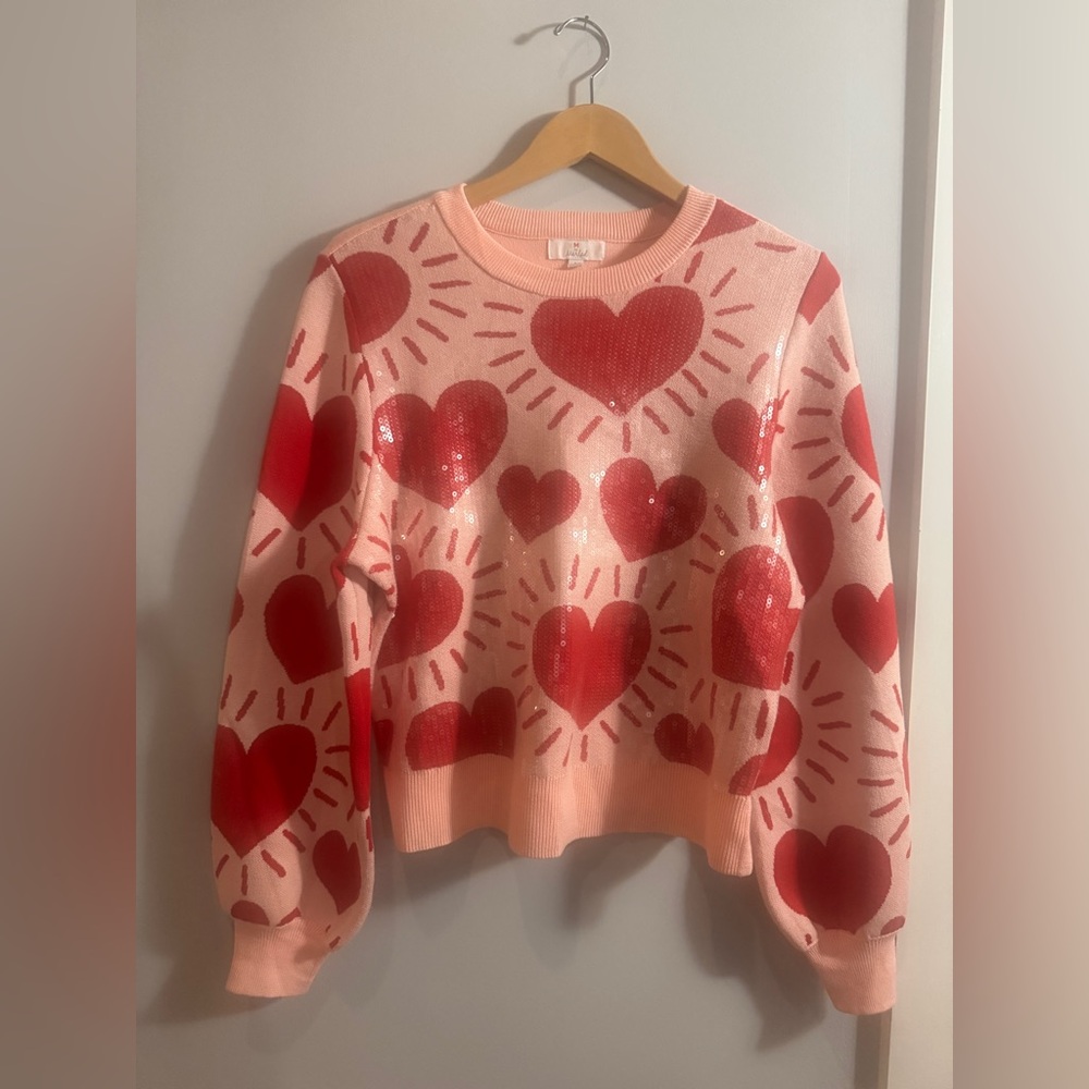 Marled Pink Sweater with Red Sequin Hearts valentine’s sweetheart sweater Large